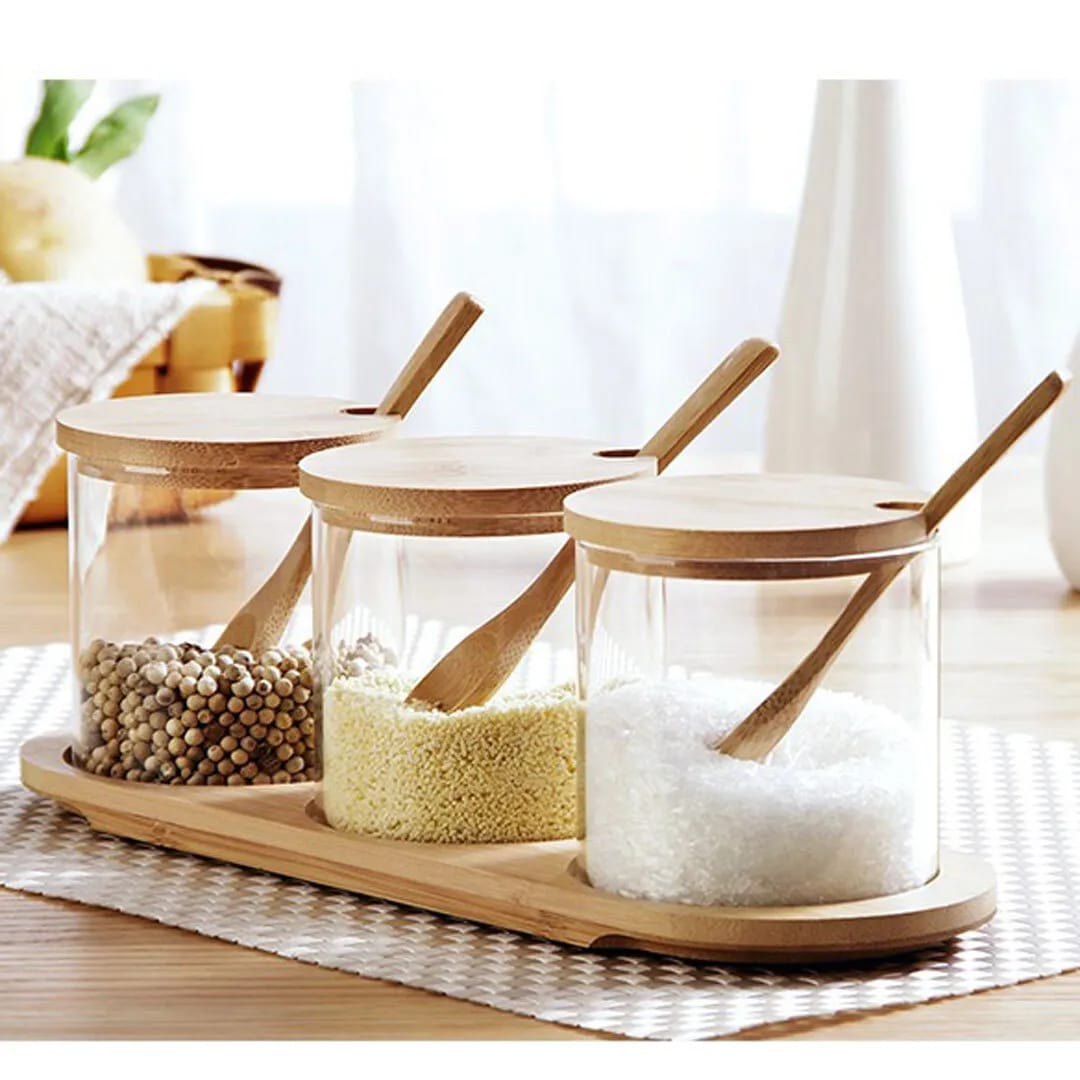 3in1 glass set with bamboo stand, lids and spoons