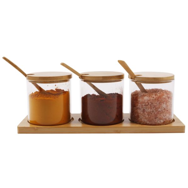 3in1 glass set with bamboo stand, lids and spoons