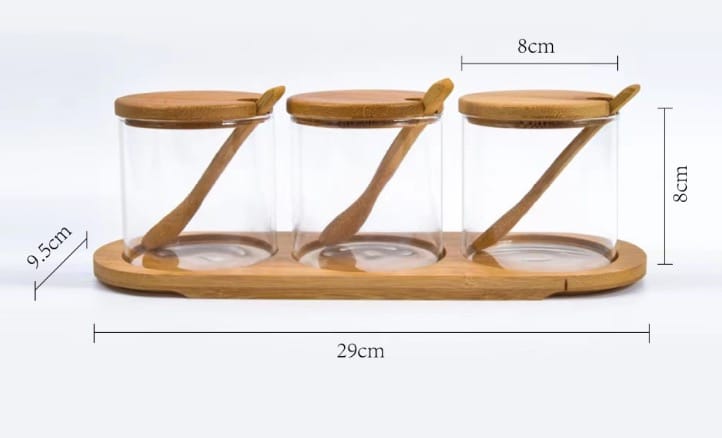 3in1 glass set with bamboo stand, lids and spoons